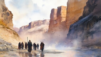 Group of travelers walking beside a river canyon