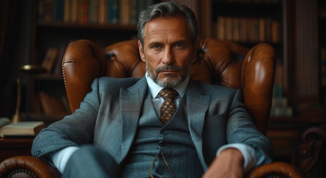 A distinguished gentleman sits confidently in an ornate leather chair surrounded by books, embodying a timeless affinity for literature and wisdom.