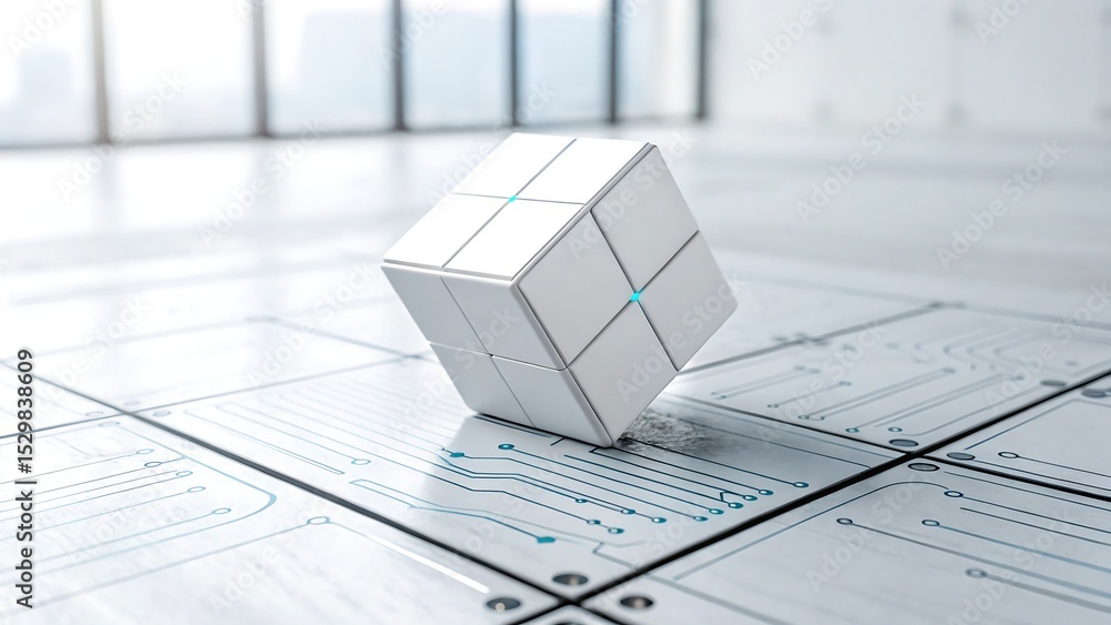 Aufkleber minimal geometric cube on futuristic circuit platform, combining architecture, technology and digita
