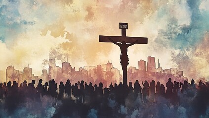 Crowds gather near a cross against a city skyline