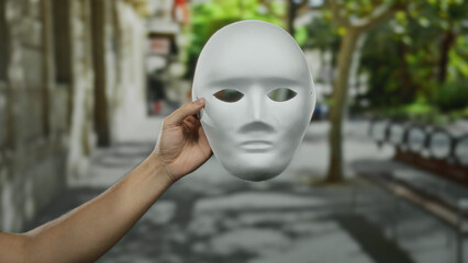 Man's hand holding blank mask on city street with blurred trees implying identity and anonymity in...