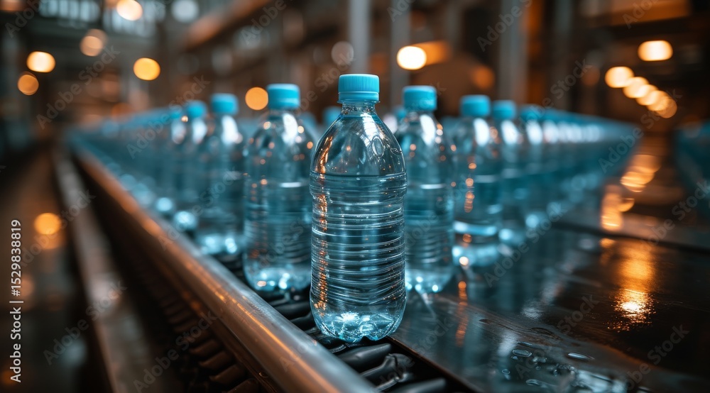 Poster this image showcases a row of clear plastic water bottles on a production line, representing efficie