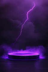 A dramatic purple-lit circular platform under a stormy sky with lightning striking in the background