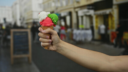 Man holding colorful ice cream cone on vibrant street with blurred background, capturing a dynamic...