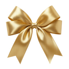 Gold satin ribbon bow with long elegant tails isolated transparent background