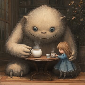 A giant furry creature shares tea with a little girl