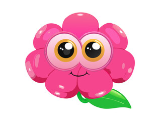 Obraz premium Emoji Pink flower with big eyes. Emotion 3d cartoon icon. Rose emoticon. Vector illustration