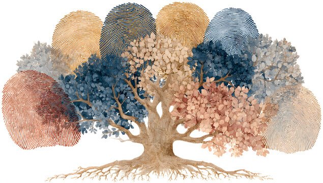 A watercolor illustration of a unique family tree, where the branches and roots are formed by fingerprints. The tree is leafless, symbolizing the family’s lineage and connections