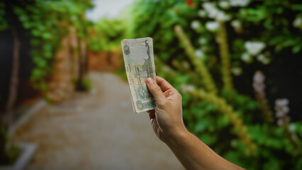 Hand holding uae dirham banknote outdoors in a vibrant park setting, emphasizing money and finance...