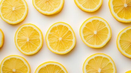 Multiple fresh lemon slices arranged in a neat pattern on a white background, showcasing vibrant yellow color and juicy texture.