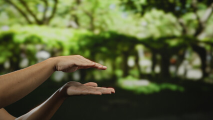 Man's hands gesturing in a serene park surrounded by lush greenery, emphasizing peaceful outdoor...