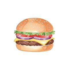 Burger watercolor painting isolated on white background.