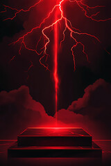 Mysterious red lightning strikes down onto a dark pedestal surrounded by ominous clouds