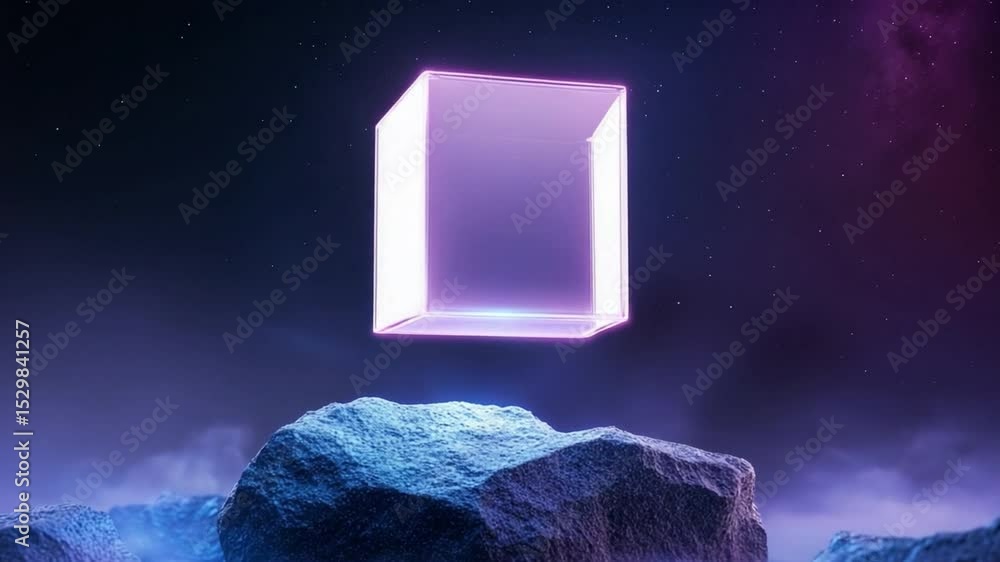 Fototapete Glowing Cube in Universe: An ethereal, radiant cube floats serenely amidst a nebula-filled expanse, its edges softly illuminated, hinting at advanced technology and exploration. 