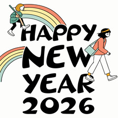 Happy new year 2026 rainbow people illustration