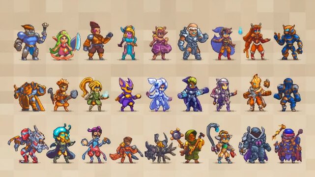 A vibrant pixel art lineup featuring diverse character sprites designed for a mobile game, showcasing a range of unique styles, animations, and color palettes. Each character is me