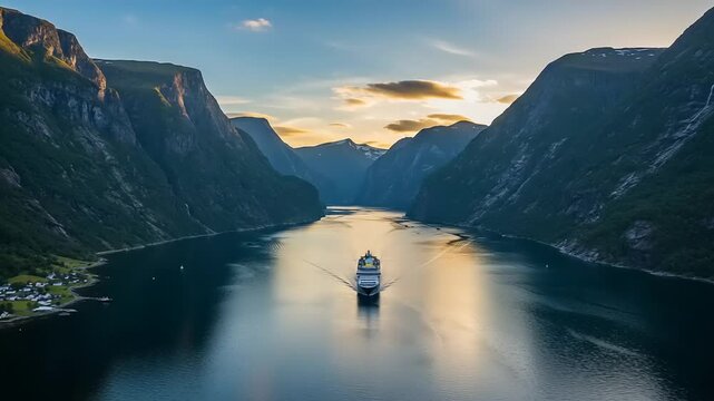 Stunning aerial view of a cruise ship sailing through a majestic fjord in Norway