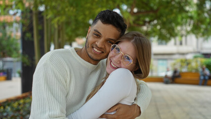 Obraz premium Young couple smiling warmly while embracing outdoors in an urban park setting with sunlight filtering through trees in the background showcasing a moment of genuine happiness and love.