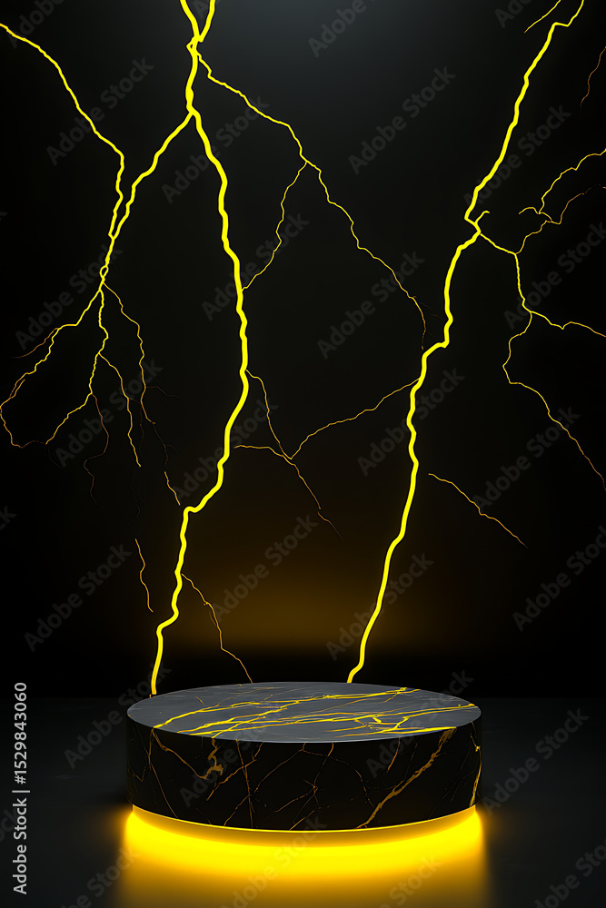 Poster black circular platform illuminated with yellow light against a dark background with lightning