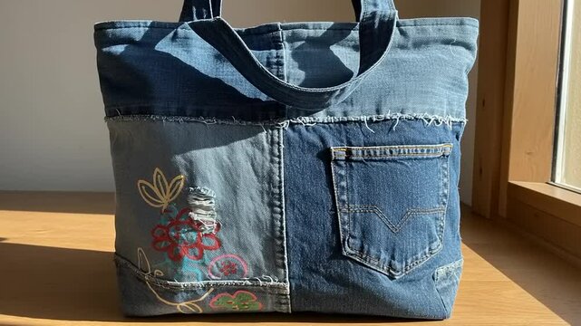 Stylish Upcycled Denim Tote Bag with Embroidered Floral Design and Pocket Detail