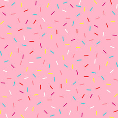 Donut sprinkles confetti retro sweet candy background. Cute pink dessert decoration colorful sprinkle elements. Birthday, party