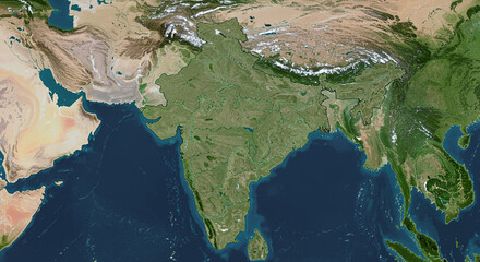 Satellite view of India and surrounding countries, showing landmass, mountains, and bodies of water.