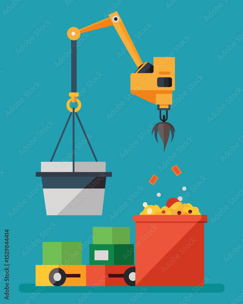 Poster a crane with a clawlike attachment lifts bulky items of trash and drops them into a nearby shredder 