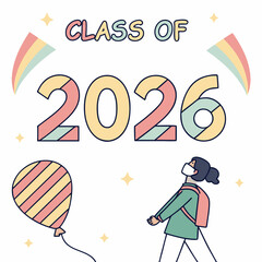 Class of 2026 graduation illustration, girl with backpack, transparent png