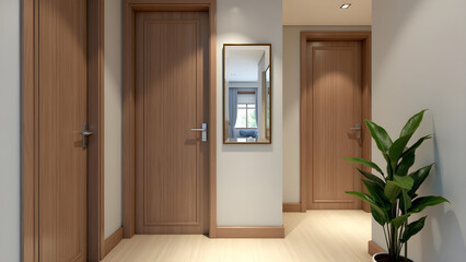 Home improvement with renovation trends concept. Modern interior hallway featuring wood accents, a mirror, and a potted plant, illuminated