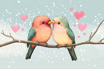 Two colorful birds perched on a branch, sharing a loving moment amidst a snowy backdrop