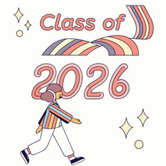 Class of 2026 graduate walking rainbow design