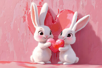 Two adorable cartoon rabbits holding a heart against a pink backdrop with a heart shape, symbolizing love