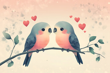 Two colorful birds perched on a branch, gazing at each other with hearts in the background