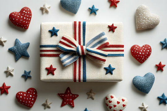 A gift box with American-themed riboon and trinkets, cute hearts and stars in red white blue. USA themed decorations. American independent day.