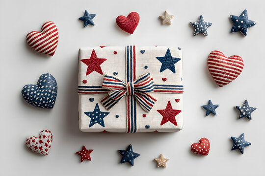 A gift box with American-themed riboon and trinkets, cute hearts and stars in red white blue. USA themed decorations. American independent day.