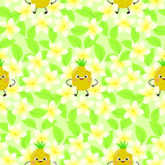 Seamless pattern with cute pineapple character and exotic plumeria flowers and green leaves on green background