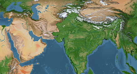 Satellite view showcasing Eurasia's diverse landscapes, from Arabian deserts to Himalayan mountains, and the surrounding seas. © Genta