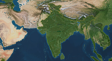Satellite view of India and surrounding countries, showing geographical features.
