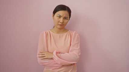 Obraz premium Woman frowning in pink blouse isolated against a pastel pink wall with arms crossed, showcasing an expression of contemplation or displeasure.