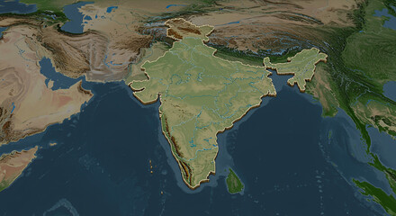 A detailed geographical depiction of India, showing its landmass and surrounding waters.