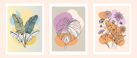 Minimalist Art with Color - Abstract Line Leaves & Flowers Wall Art Prints