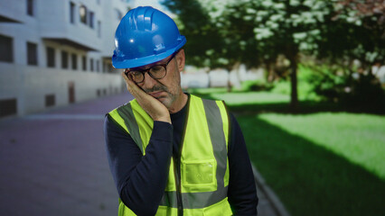 Man in construction gear and blue helmet looking tired against urban backdrop.