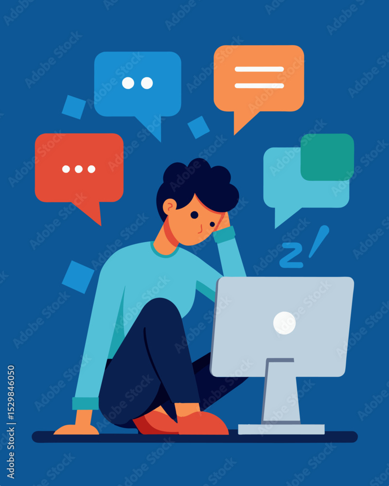Poster a victim of cyberbullying sits alone in front of their computer scrolling through a neverending feed
