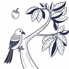 Elegant bird on branch with fruit, clean cutout, transparent background