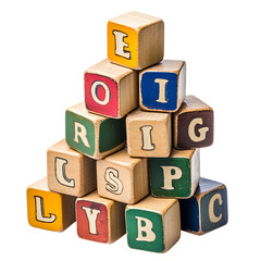 Wooden alphabet blocks stacked in a pyramid.