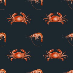 Colorful seafood pattern featuring crabs and shrimp on dark background for textile designs
