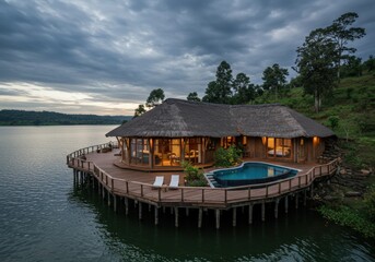 Obraz premium Luxury safari lodge overlooking the vast Serengeti landscape during golden hour. Scenic view of wildlife plains, acacia trees, and open skies in Tanzania.