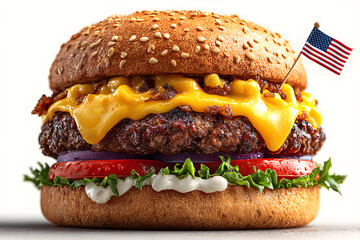 cheeseburger with American flag toothpick on top. Burger for 4th of July Celebration. Independence Day. USA Patriotic picnic.