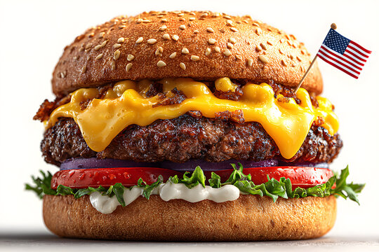 cheeseburger with American flag toothpick on top. Burger for 4th of July Celebration. Independence Day. USA Patriotic picnic.