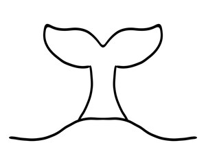 Whale Tale Icon ocean animal, mammal tail line sketch. Vintage simple silhouette with waves. Minimalistic simple tattoo drawing. 